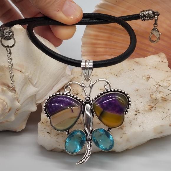 Genuine Agate Stone/Blue Quartz Silver Pendant Leather - Picture 5 of 7